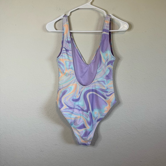 NWPT Forever 21 Purple Slick One Piece Plunge V Neck Swim Suit Bathing Suit - Picture 5 of 8